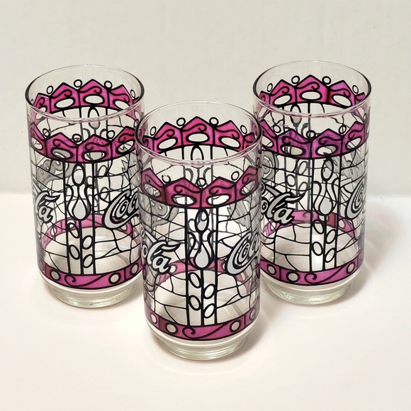 Vintage 70s Coca Cola Stained Glass Drinking Glass Purple Set of 3 - Picture 5 of 5